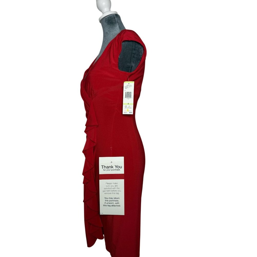 Evan-Picone-Women's Red Ruched Ruffle V-Neck Cocktail Dress Size 4 NWT - Picture 8 of 9